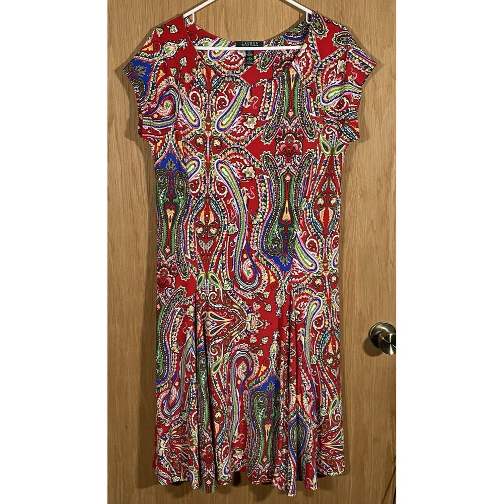 Lauren Ralph Lauren Women’s XL Fit + Flare Dress Red Paisley Stretch Bold Print